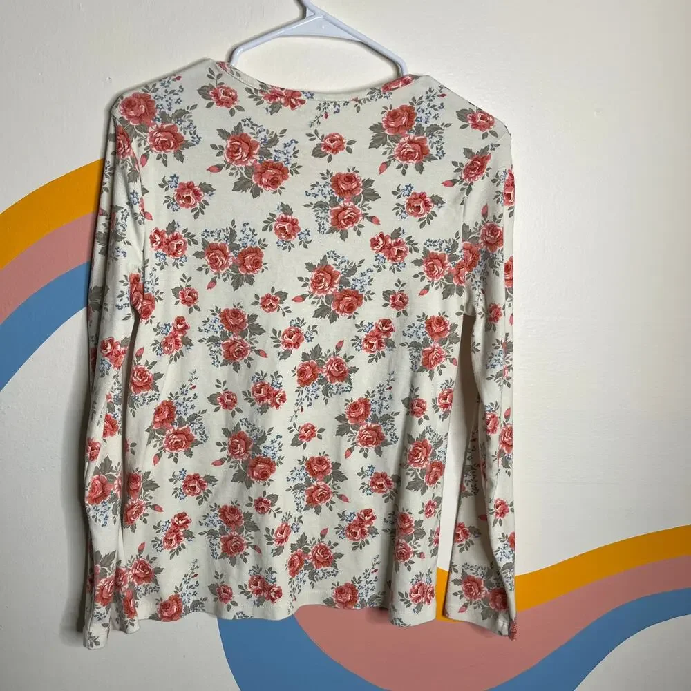 Floral Long Sleeve Top Womens L Cottagecore‎ White Pink Roses Romantic Basic